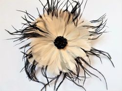 Light cream flower feather brooch, Large feather flower brooch, Cream and black feather accessory, Feather jewelry