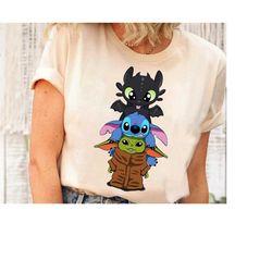 Disney Toothless Stitch Baby Yoda Pile Shirt, Disney Friends Shirt, Disney Animal Kingdom Shirt, Disneyland Family Match