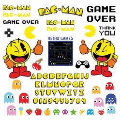 Gamer Svg Bundle Pacman Digital Pac Man Vector Font Alphabet Png Old Video Game Gift Pdf Eps Design Clipart Circut Files