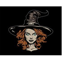 pretty witch face embroidery design - halloween hat, red hair & green eyes for dark fabrics, festive female beauty machi