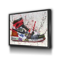 jordan one graffiti shoe canvas wall art, trendy graffiti canvas, framed canvas