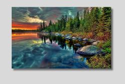 Landscape Poster Lake Surrounded by Forest on Sunset Canvas Wall Art, Lake Surrounded by Forest for Home & Office Decora
