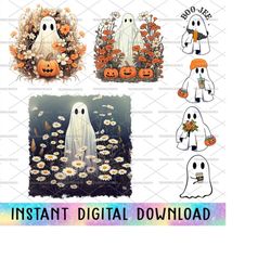 Halloween PNG, Spooky Ghost, Autumn Sublimation, Fall PNG, Pumpkins, leaves PNG, Watercolor Sublimation, Instant downloa