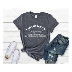 I Am Currently Unsupervised, Ladies Shirt, I Know It Scares Me Too, Cute Funny Slogan Novelty top, Funny Graphic Tee, Sa