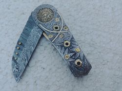 hand forged damascus pocket knife, engraved knife, birthday gift, groomsmen gifts,