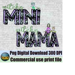 Witchy mama and mini png file bundle  for sublimation T-shirts. Witch png, ghosts png, doodle letters png. Digital downl