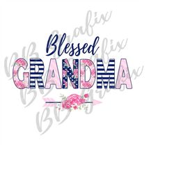 Digital Png File - Blessed Grandma - Floral - Stripes - Navy Blue, Light Pink & Dark Pink - Sublimation Design - INSTANT