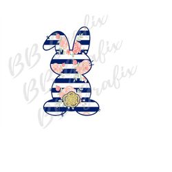 Digital Png File Bunny Rabbit Sktech Blush Floral, Navy Blue Stripe, Gold Printable Easter Clip Art Sublimation Design -