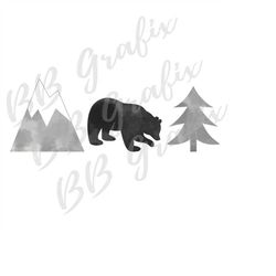 Digital Png File - Bear Mountain Tree Trio - Grey & Black Watercolor - Line of Three - Boy Adventure Sublimation Design