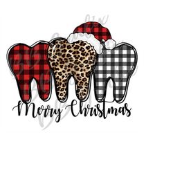 Digital Png File Merry Christmas Tooth Trio Dentist Leopard Plaid Santa Hat Dental Printable Waterslide Sublimation Desi