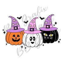 Digital Png File Pumpkin Trio Jack-o-lantern Cat Witch Halloween Printable Clip Art Waterslide T-Shirt Sublimation Desig
