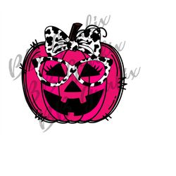 Digital Png File Girl Pumpkin Face Bow Eye Glasses Cow Print Halloween Fall Printable Waterslide Sublimation Design INST