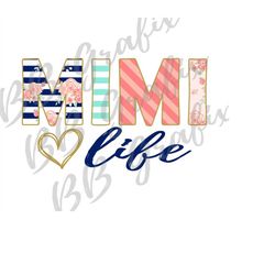 Digital Png File - Mimi Life - Floral - Stripes - Navy Blue, Coral, Pale Teal, Gold - Heart Clip Art - Sublimation Desig