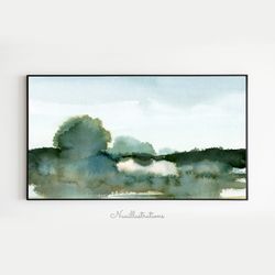 Samsung Frame TV Art Green Country Landscape Blue Sky Watercolor, Neutral Minimalist Downloadable, Digital Download Art