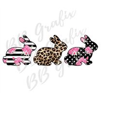 Digital Png File - Bunny Rabbit Trio - Dark Pink Floral, Leopard Cheetah, Stripes Dots Easter Clip Art Sublimation Desig