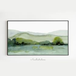 Samsung Frame TV Art Green Mountain Landscape Watercolor, Neutral Minimalist Downloadable Art, Digital Download