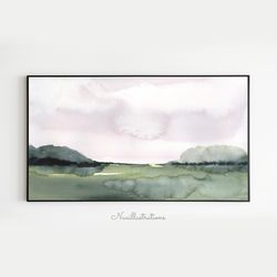 Samsung Frame TV Art Green Field and Sky Landscape Watercolor, Neutral Minimalist Downloadable, Digital Download Art