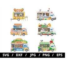 food trucks icon sets illustration svg, food street carts, hot dog truck, outdoor selling market, food truck emblems set