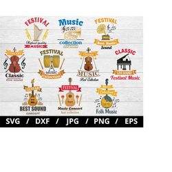 festival music logo sets illustration svg, music instrument, piano, guitar, saxophone,  music collection labels icon set