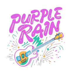 A tshirt design 80s retro style sticker like design with the print "Purple Rain "