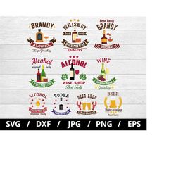 wine shop logo sets illustration svg, home brewing, brandy, whiskey, alcohol, wine, cocktails, vodka, beer shop labels i