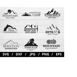 mountain logo sets collection illustration svg, hiking climbing svg, mountain camp, mountain explorer emblems icon badge