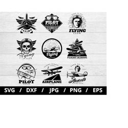 flight school logo sets collection illustration svg, pilot school, airplane club, aircraft flying club, flying academy i