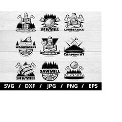 sawmill logo sets collection illustration svg, lumberjack woodworks, sawmill woodworks emblems icon badge sets clipart s