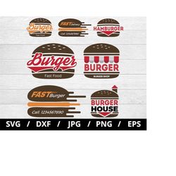 burger shop logo sets collection illustration svg, hamburger restaurant, burger house, burger fast food delivery icon se