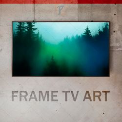 samsung frame tv art digital download, frame tv art  foggy woods, frame tv mystical landscape, coniferous trees, green