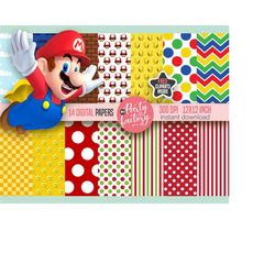 14 Super Mario Digital Paper & free PNG Clipart included, free pgn Clipart, super mario and luigi, Instant download