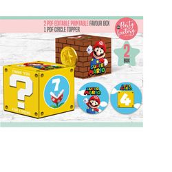 Super Mario Bros Favor Party Box, Digital, PDF editable, Mario Circle toppers, party, Birthday, gift