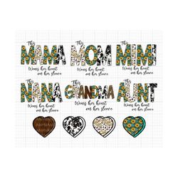 Bundle This Mama Wears Her Heart On Her Sleeve Png, Cowhide Sunflower Mama, Cowhide Mama Print Shirt, Cowhide Heart Clip