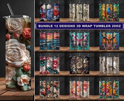 12 Designs 3D Flowers Tumbler Wrap, 3D Floral Sublimation Tumbler Design,Instant Digital Download PNG 40