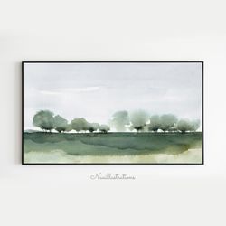Samsung Frame TV Art Green Trees Landscape Blue Sky Watercolor, Neutral Minimalist Downloadable, Digital Download Art