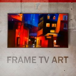 Samsung Frame TV Art Digital Download, Frame TV Urban Painting, Frame TV Nighttime Cityscape, Red-Black Tones, Vibrant