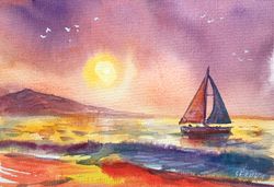 Original Watercolor Painting Seascape Signed sailboat