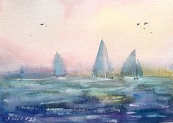 Sailboat Original Painting Seascape Signed Watercolor