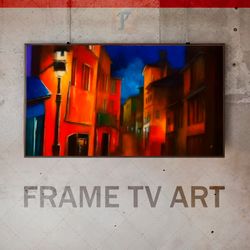 Samsung Frame TV Art Digital Download, Frame TV Urban Painting, Frame TV Nighttime Cityscape, Red-Black Tones, Vibrant