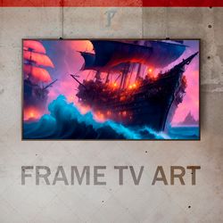Samsung Frame TV Art Digital Download, Frame TV 19th-century ship, Frame TV Nocturnal storm, Thunder and lightning, Fire