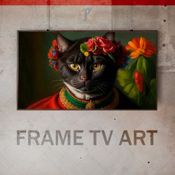 Samsung Frame TV Art Digital Download, Frame TV Animalistic portrait, Frame TV Cat with flower,modern, Frida Kahlo style