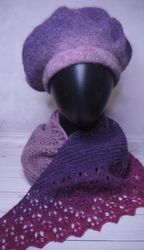 Warm Beret and Shawl Baktus wool handmade knitted