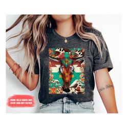 Boho Cow Skull Shirt, Country shirt, Wild west Shirt, Western Graphic Tee, Cowgirl Shirt, Bull Skull Shirt, Southwest Sh