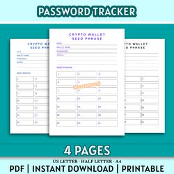 Crypto Password Keeper Printable, SEED PHRASE – Instant Download (A4 / Half Letter / US Letter)