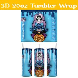 3D Inflated Ohana Coffee Stitch Witch Pumpkin Tumbler Wrap PNG, Halloween Horror 3D Tumbler Wrap,  Coffee Stitch Tumbler