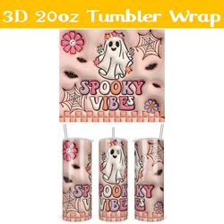 3D Inflated Retro Ghost Spooky Vibes Tumbler Wrap PNG, Halloween 3D Tumbler Wrap, Spooky Ghost Tumbler PNG