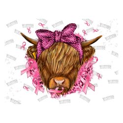 Breast Cancer Highland Cow Sublimation Design, Breast Cancer Awareness PNG, Highland Cow Png, Heifer Pink Ribbon Cancer