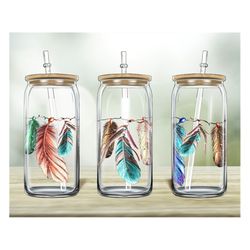 Native American Feathers 16oz Libbey_Glass Png, 16oz Libbey Cup,Glass Can Wrap, American Design Png, Feather Png, Digita
