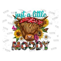 Just a little moody png sublimation design download, western cow png, long hair cow png, sunflower cow png, sublimate de