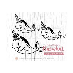 Narwhal SVG,Floral,Unicorn Whale,Narwhale With Flower,Baby Shower,Cricut,Cut File,Shirt,DXF,Birthday,PNG,Silhouette,Inst